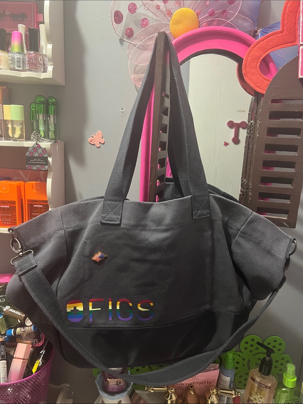 ‘OFIGS Black Canvas Tote Bag with Rainbow Accents